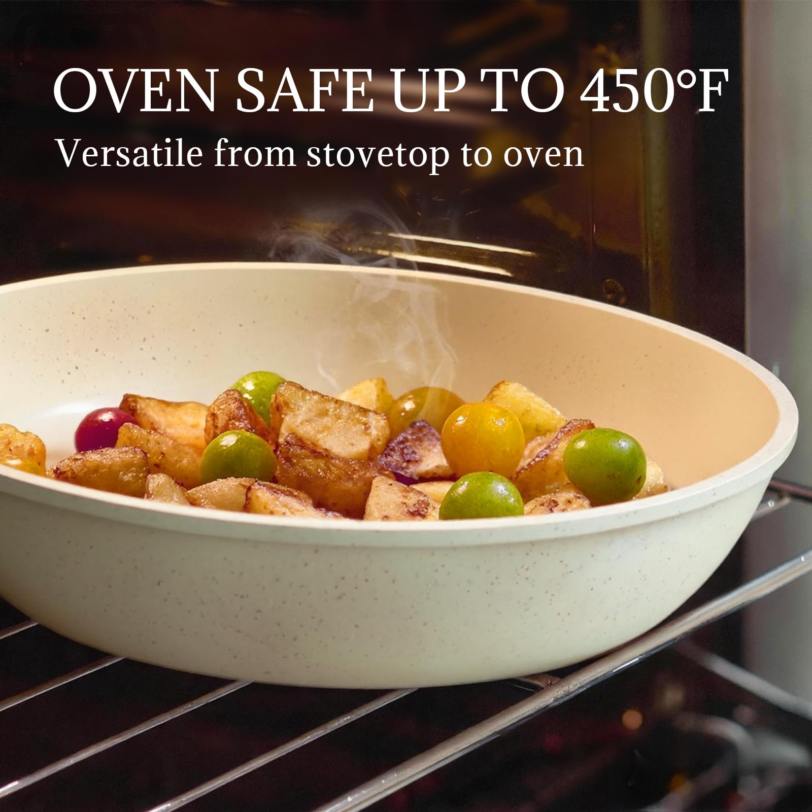 Coicur frying pan in use with sautéed vegetables showing even heating and quick cooking benefit