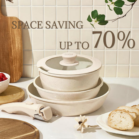 Coicur lids and pans arranged for scale showing included pieces and portion planning benefit