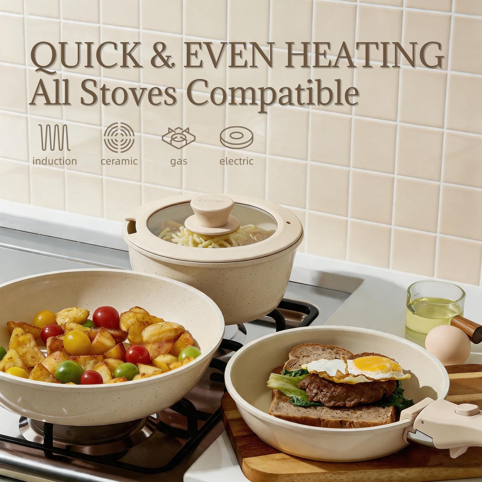 Coicur stacked pans in cabinet showing 70% space-saving advantage for small kitchens