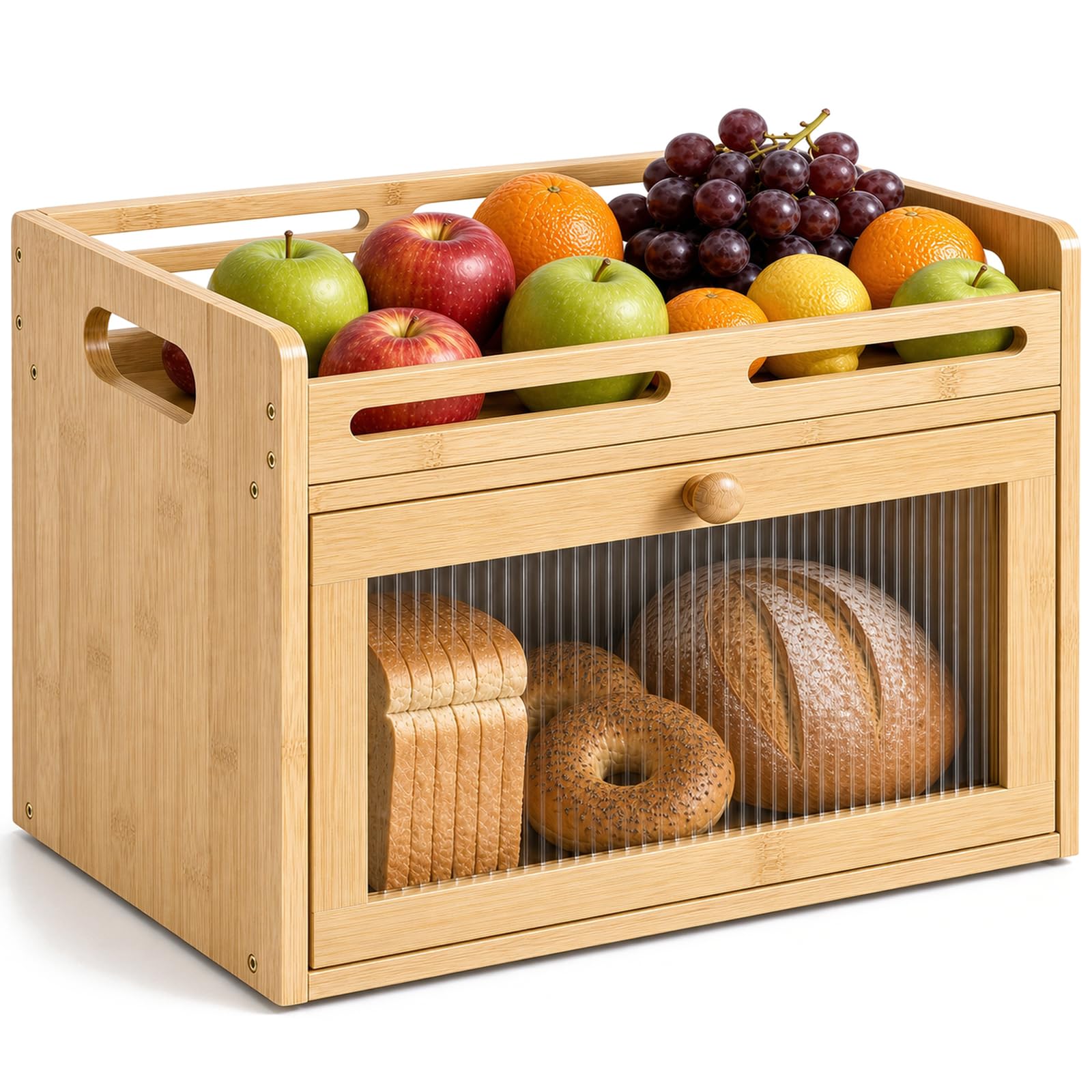 Coiesol bread box front view showing bamboo finish and closed door for neat storage