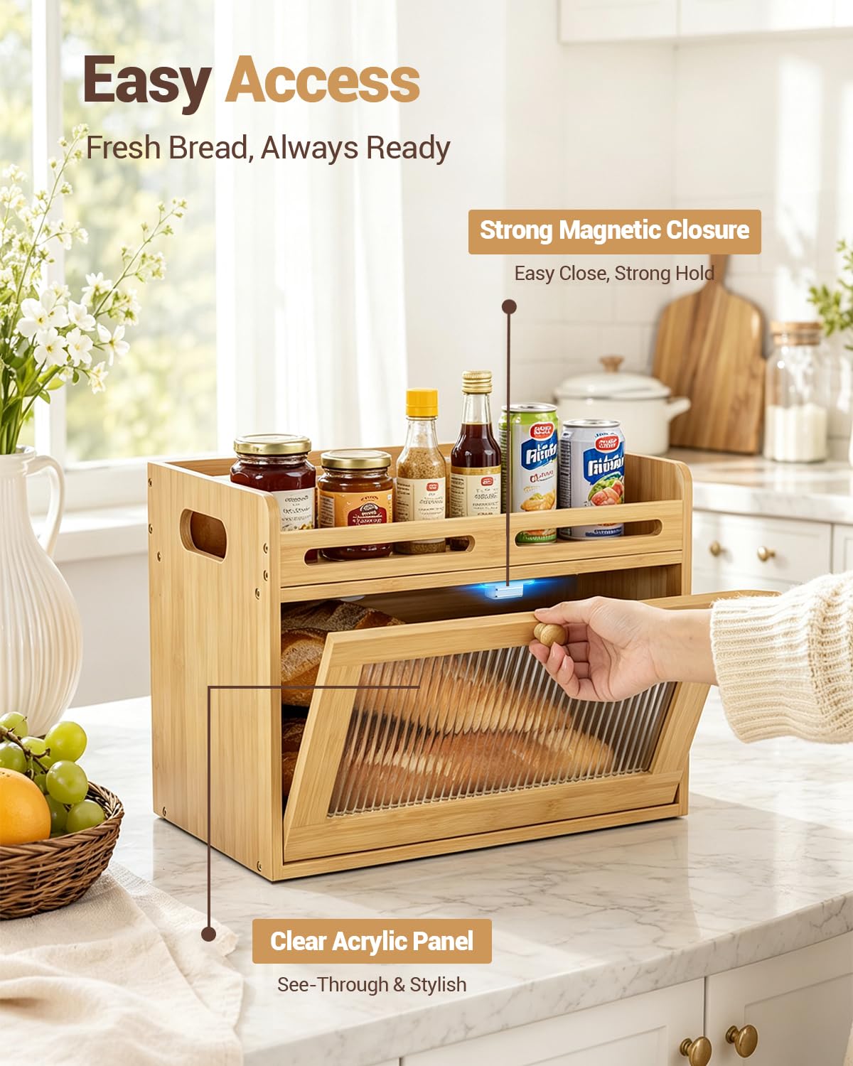 Coiesol top shelf staged with fruit and jars highlighting extra counter storage