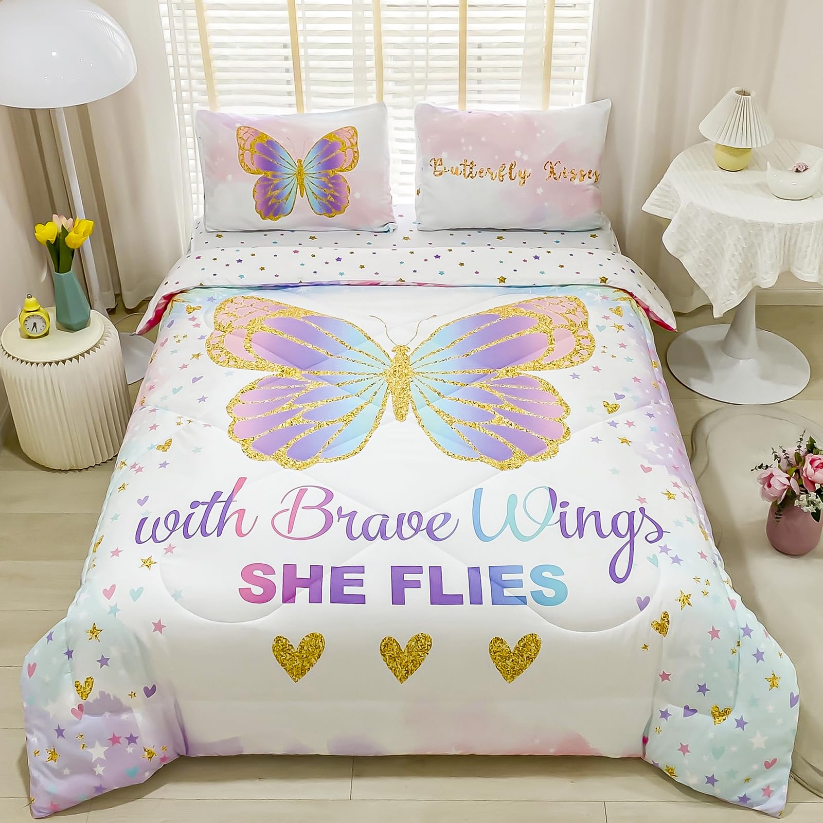 Cokouchyi front view comforter showing rainbow butterflies and cheerful design benefit: brightens room