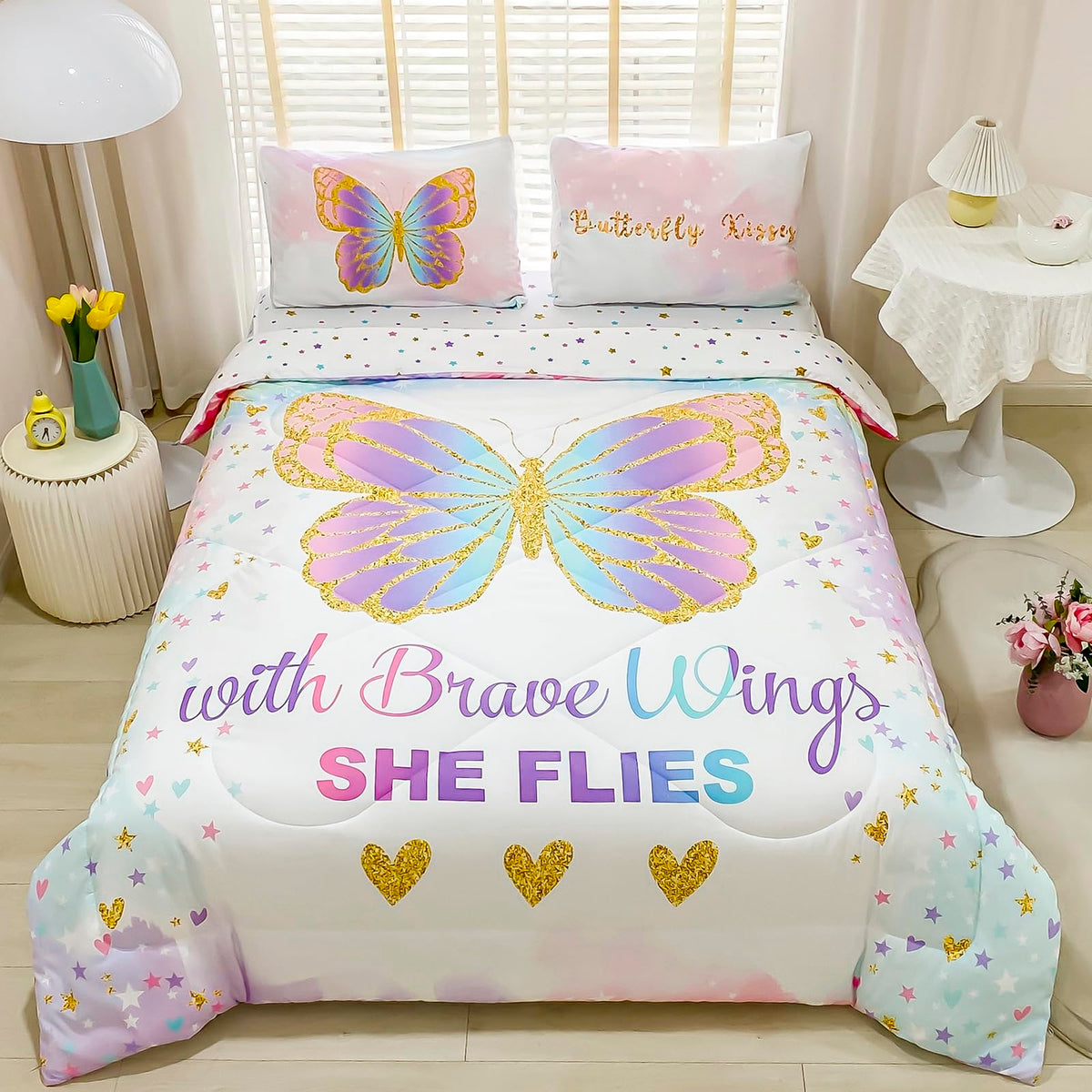 Cokouchyi front view comforter showing rainbow butterflies and cheerful design benefit: brightens room