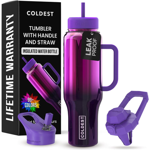 Coldest tumbler Purple Nova front view showing size and color benefits