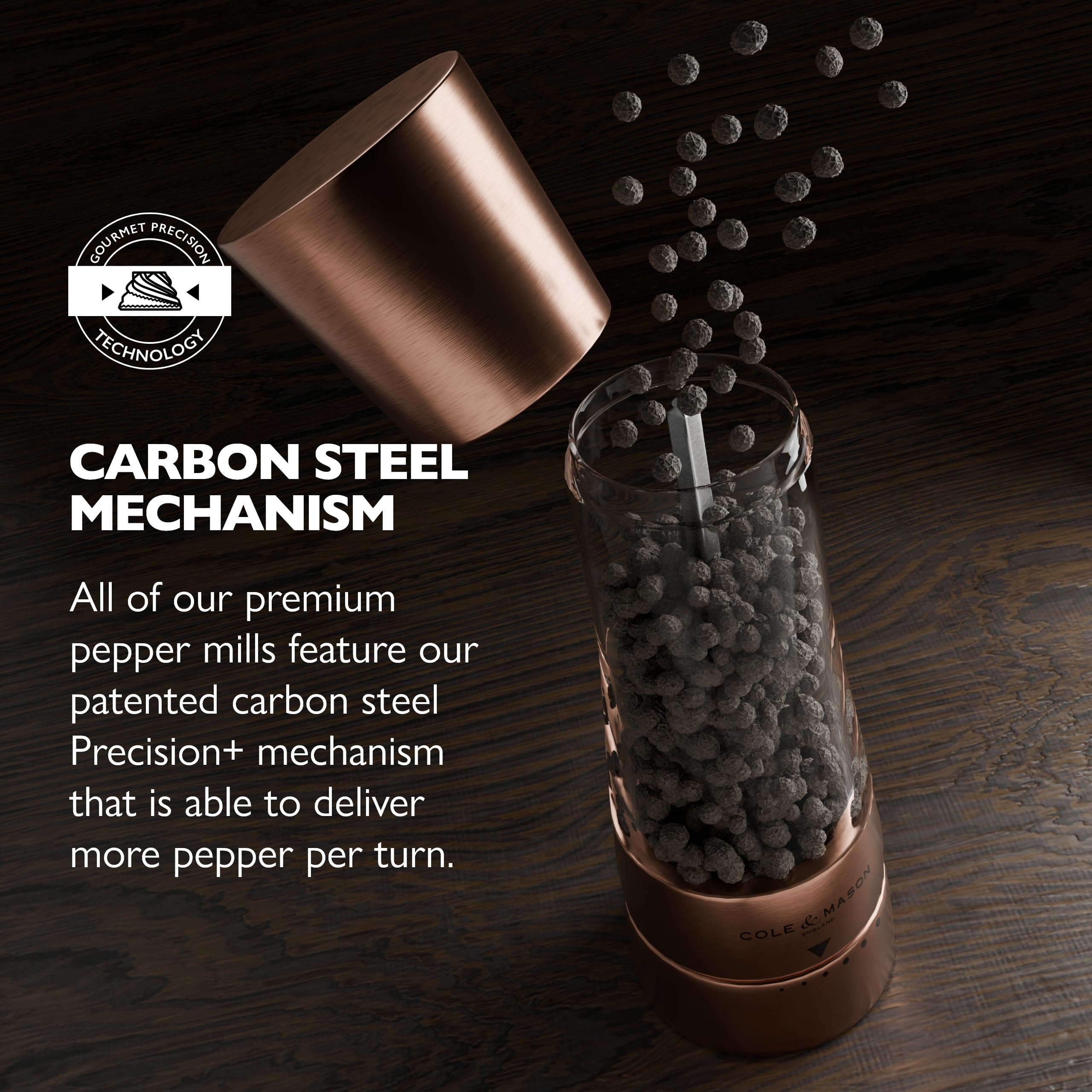 Cole & Mason Derwent ceramic gear close-up showing mechanism benefit: precise consistent grinding