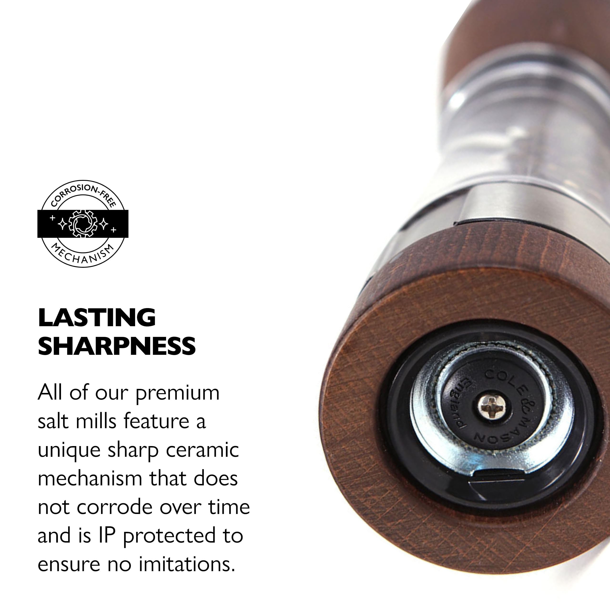 Cole & Mason clear acrylic body revealing salt and pepper levels for quick monitoring benefit