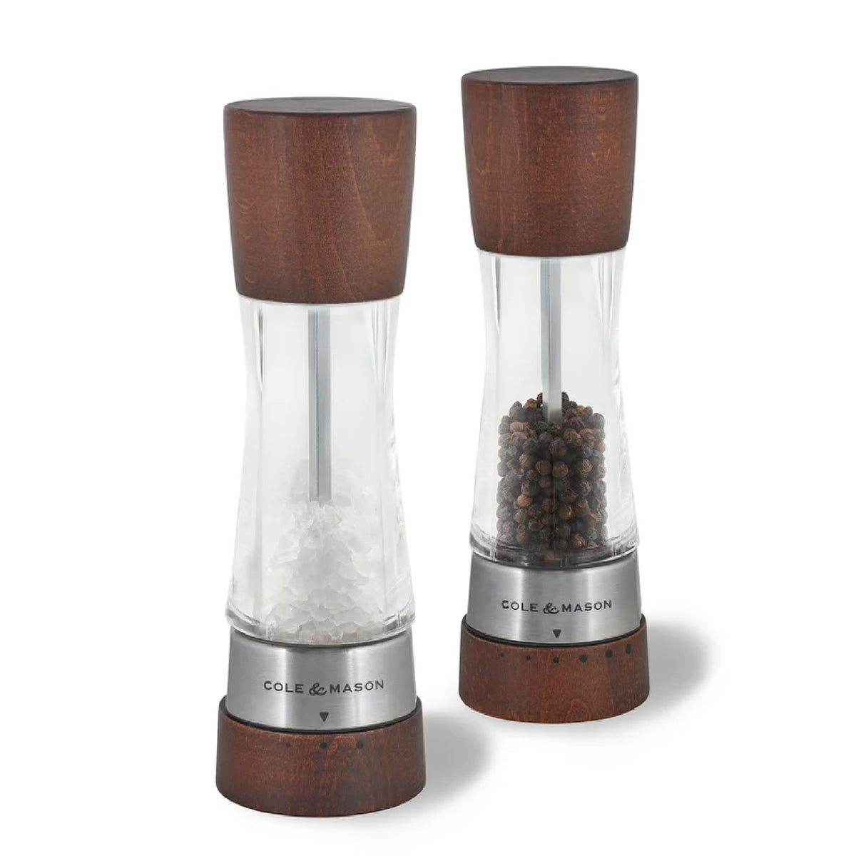 Cole & Mason front view of matching forest wood salt and pepper mills, stylish presentation benefit
