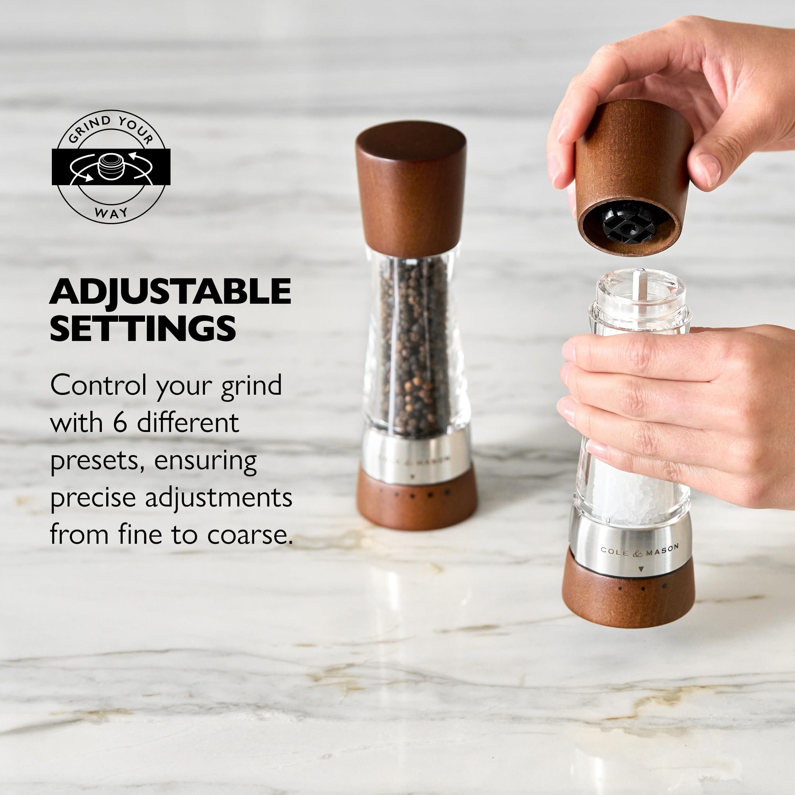 Cole & Mason held in hand to show 7.5-inch scale for comfortable use benefit