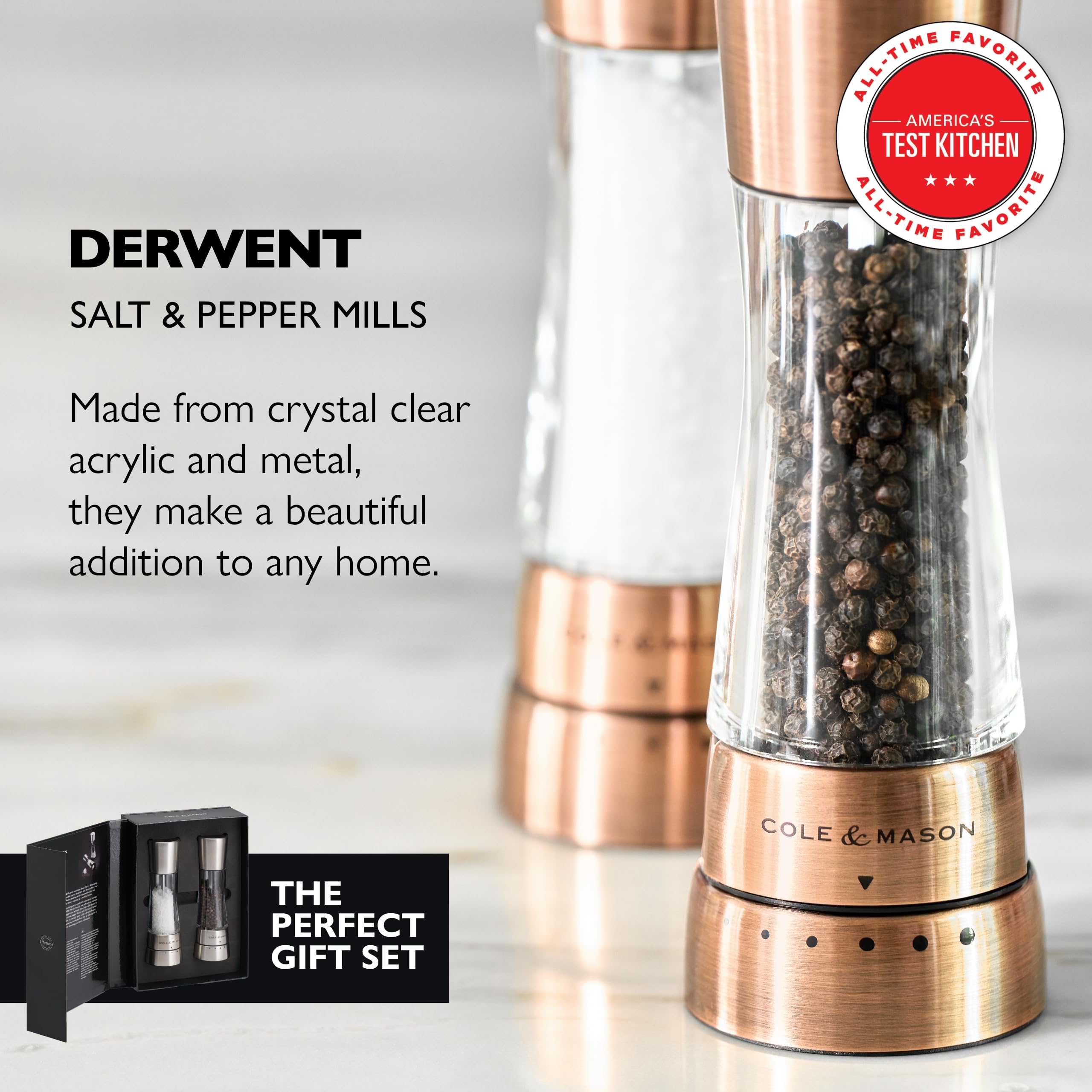 Cole & Mason Derwent top refill detail showing open lid benefit: quick and spill-free refilling