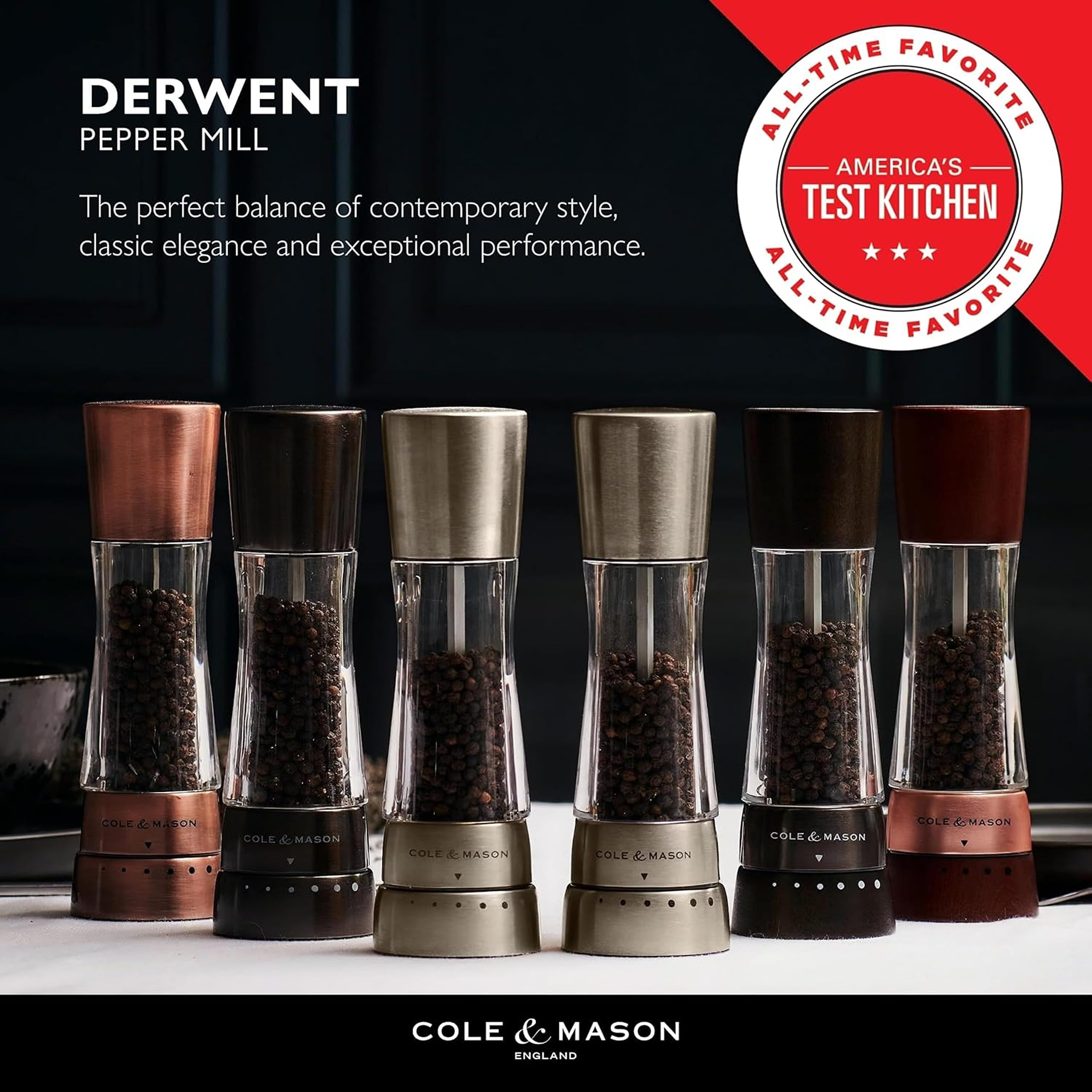 Cole & Mason clear body showing peppercorn level for easy monitoring and refill convenience