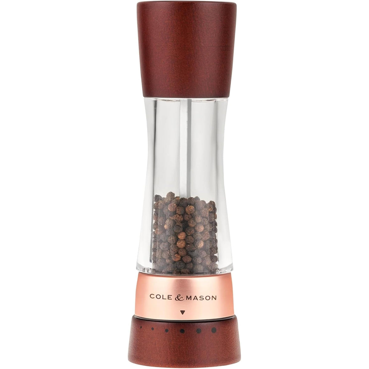 Cole & Mason Derwent front view showing elegant rose gold and black finish and benefit of stylish seasoning