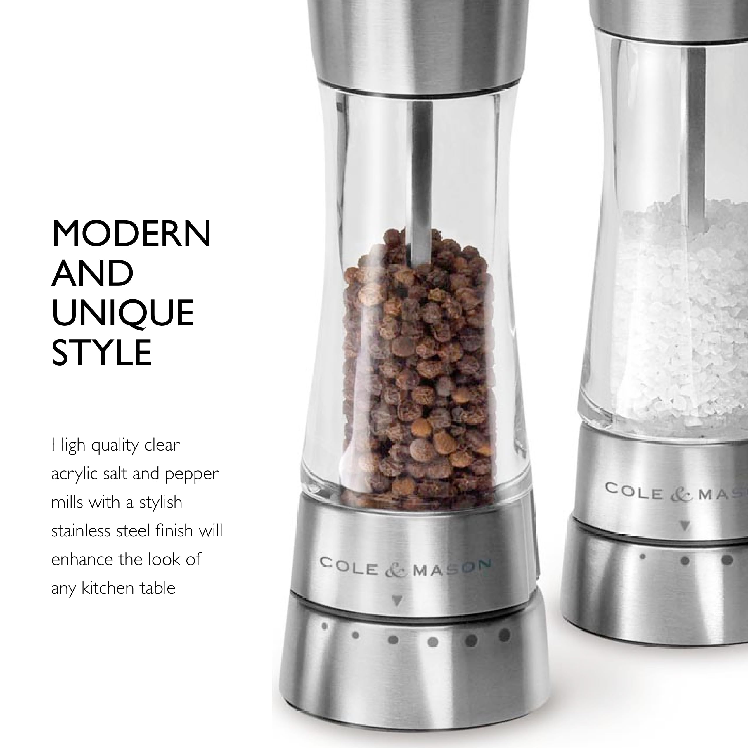 Cole & Mason Derwent in use at dining table illustrating easy seasoning and adjustable grinds