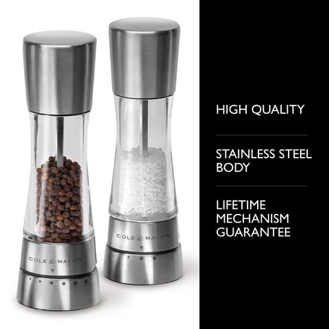 Cole & Mason Derwent stainless-steel top cap detail demonstrating sturdy finish and easy grip