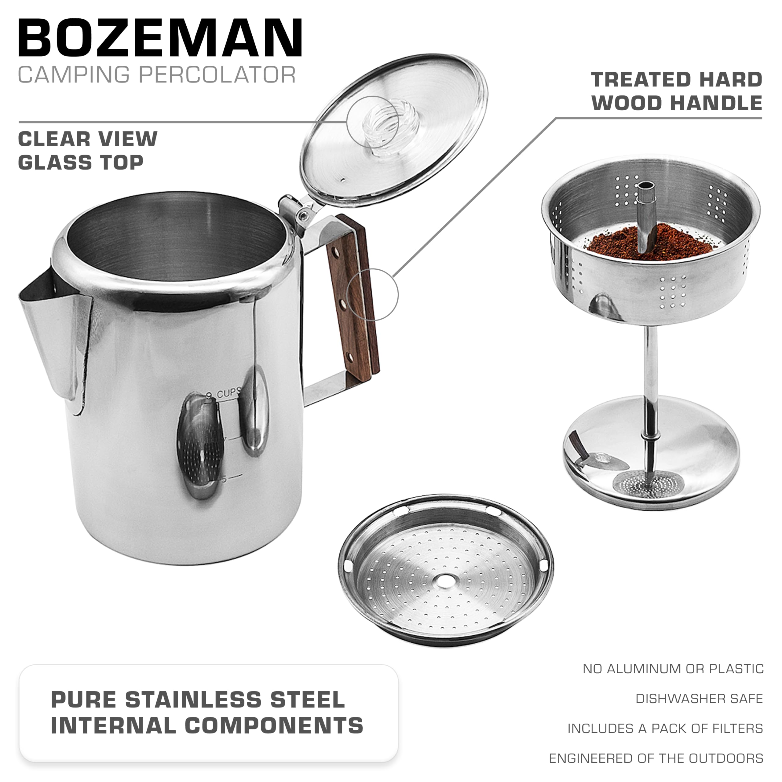 COLETTI Bozeman glass view top close-up showing percolation for brew control