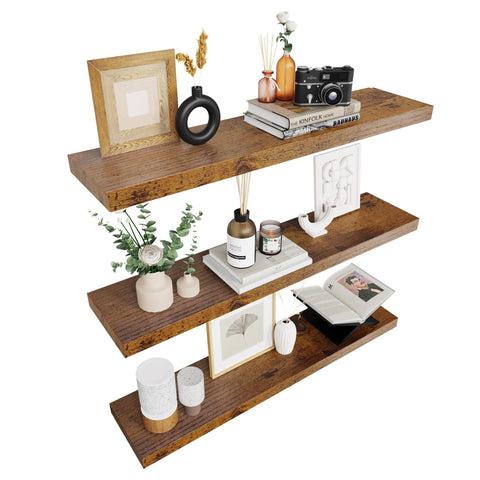Colima front view of 36-inch rustic brown shelf showing clean profile and storage benefit