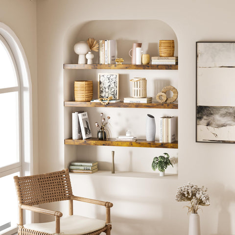 Colima shelf styled in living room displaying decor and enhancing wall organization