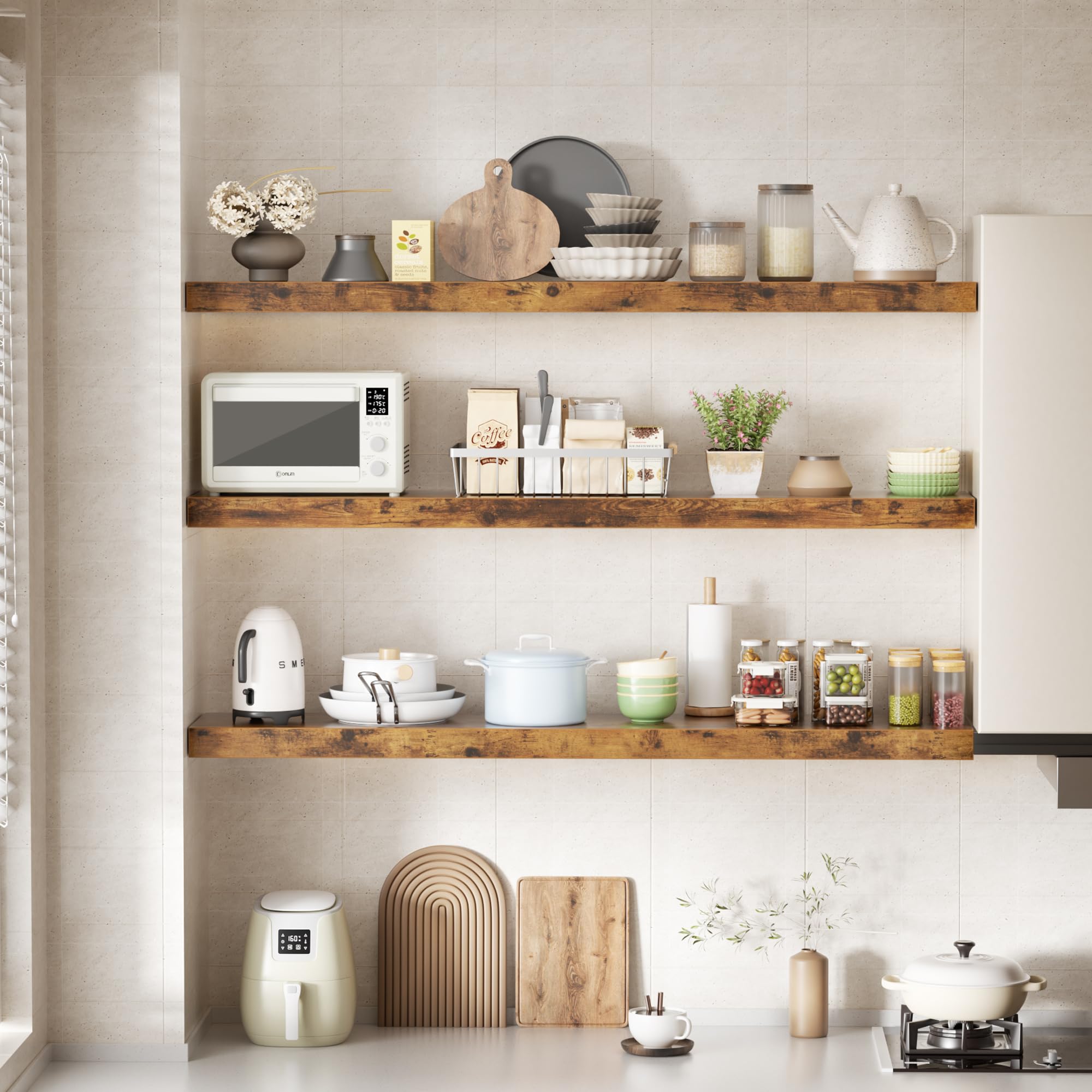 Colima shelf beside book and plant illustrating scale and usable depth benefit