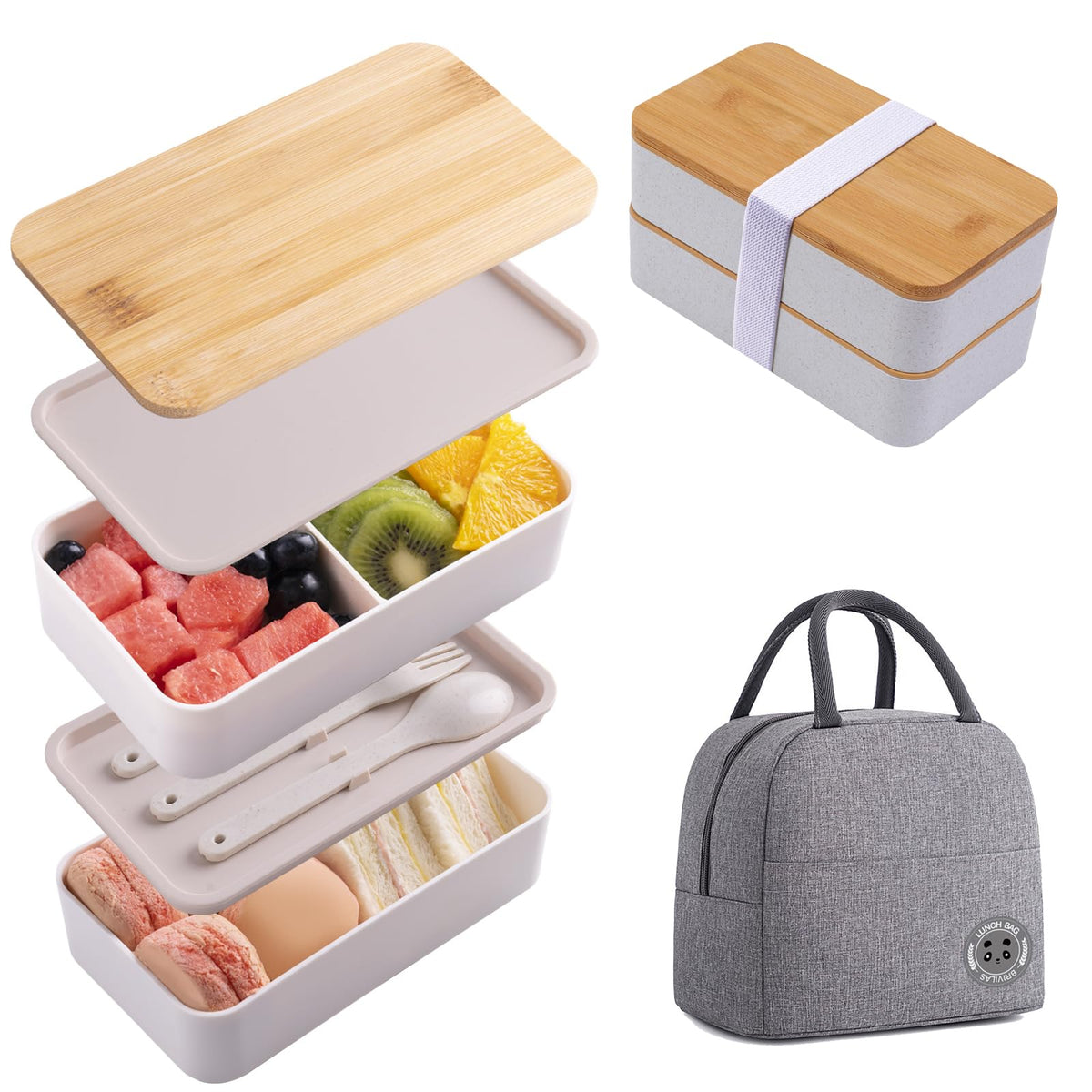 Collect Beauty bento box front view showing beige stackable compartments and lid, easy transport
