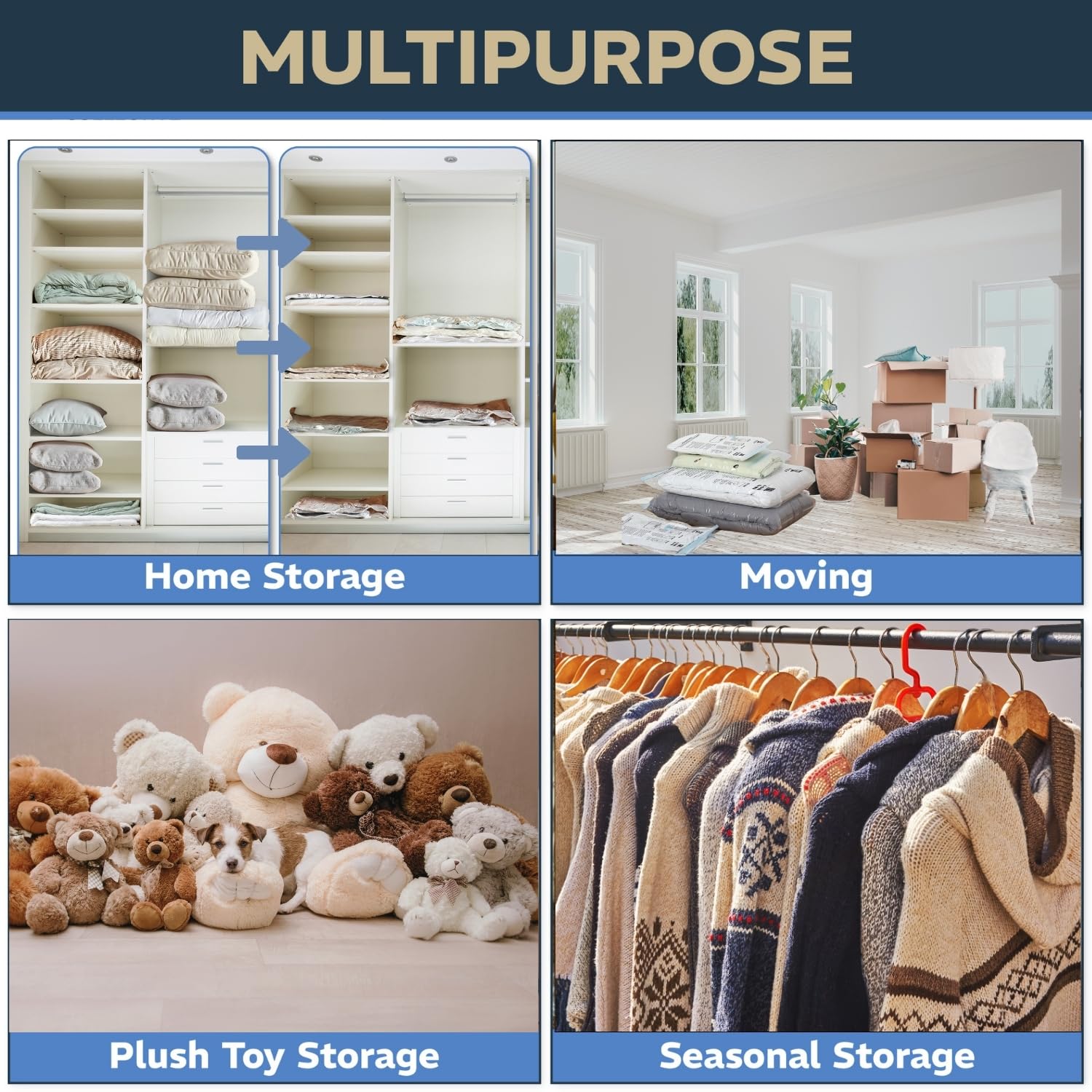 Collective Comforts organized closet with stacked bags maximizing storage space