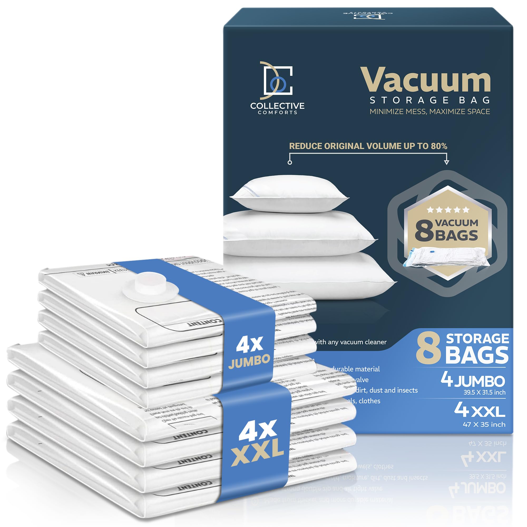 Collective Comforts front packaging showing 8-pack and size mix saving closet space