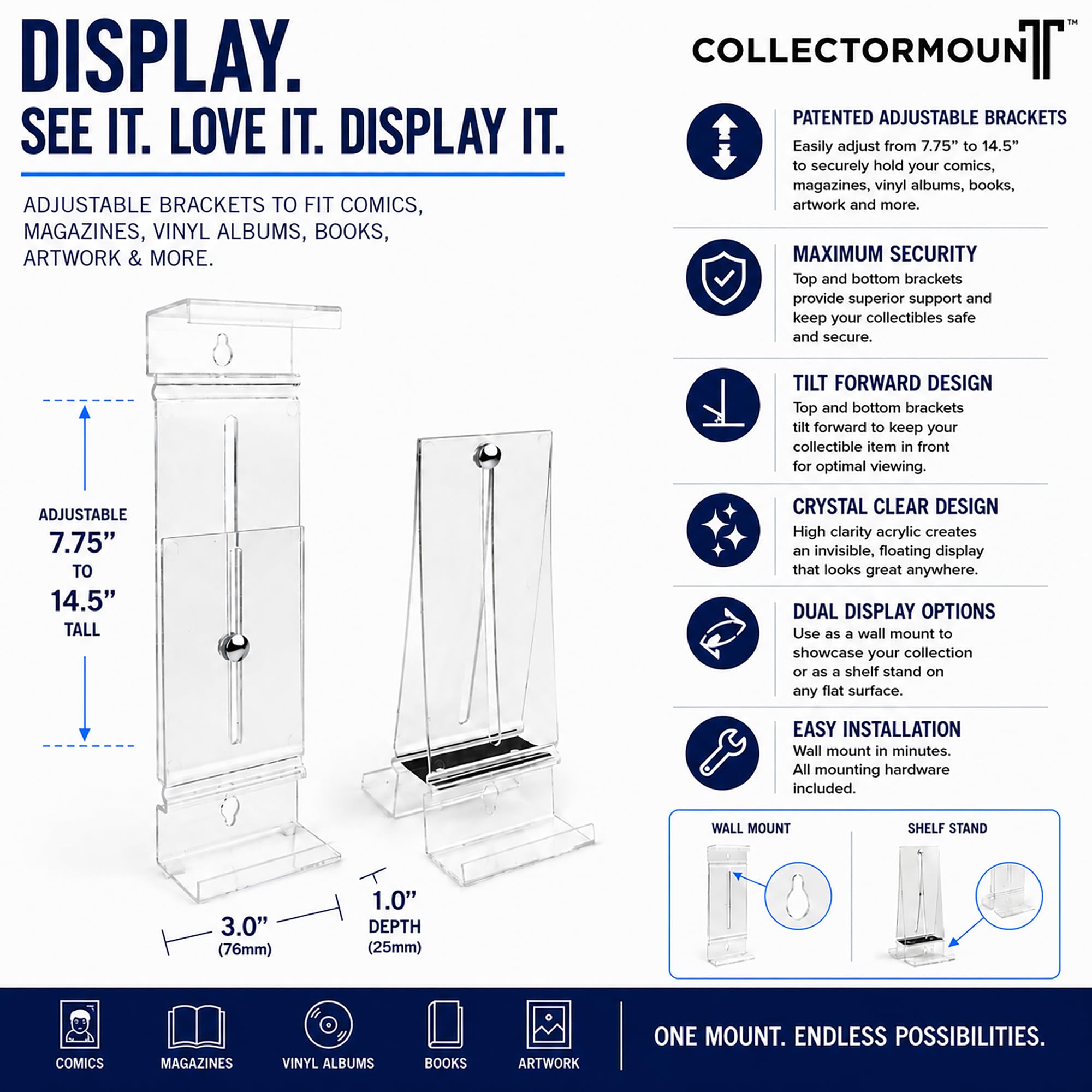CollectorMount shelf stand in use displaying a graphic novel neatly
