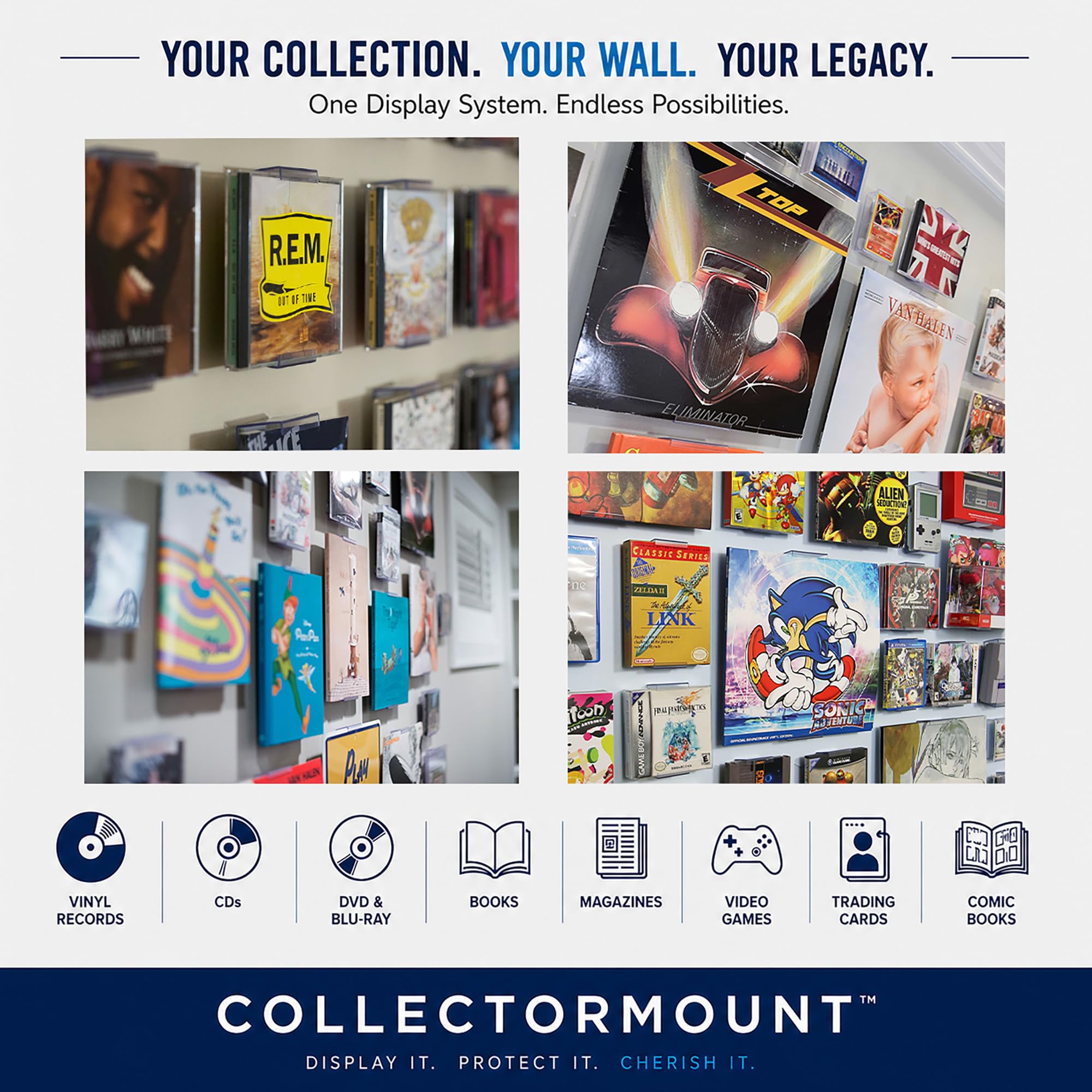 CollectorMount size comparison with graphic novel illustrating adjustable range