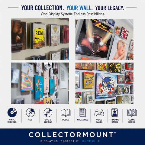 CollectorMount size comparison with graphic novel illustrating adjustable range