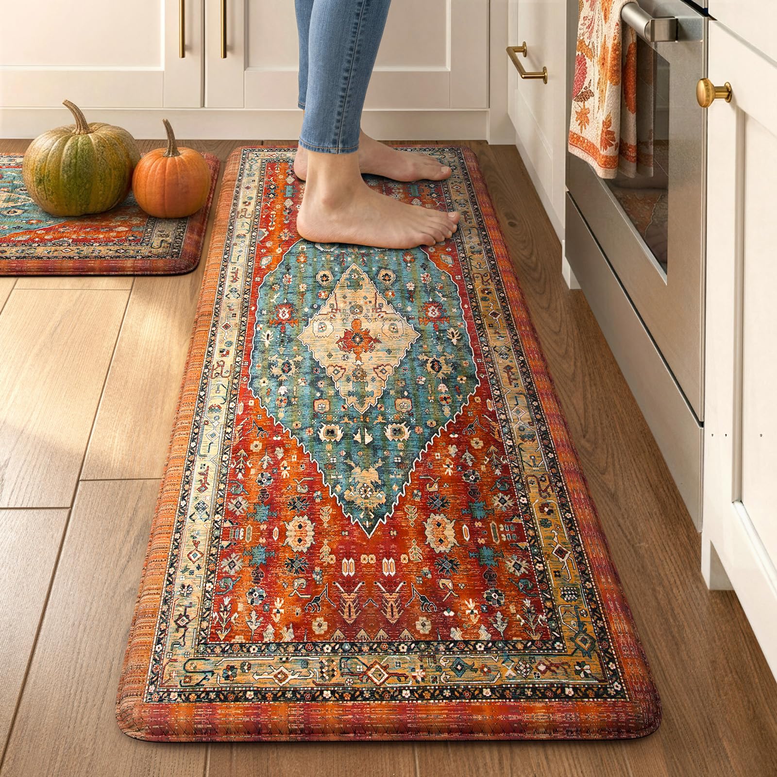 Collive front view of two boho kitchen rugs showing decorative pattern and benefits