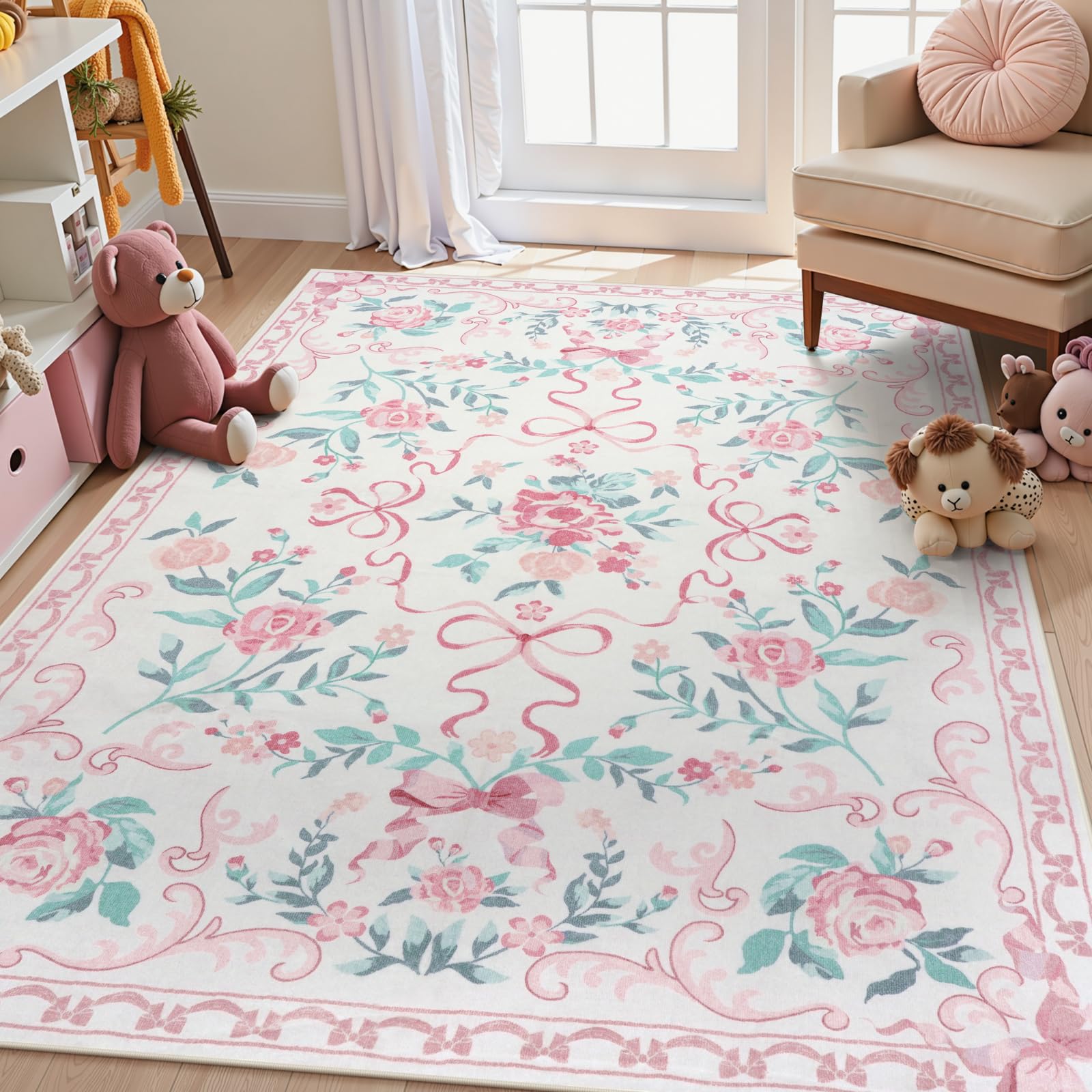 Collive front view of pink floral rug showing pattern and warmth