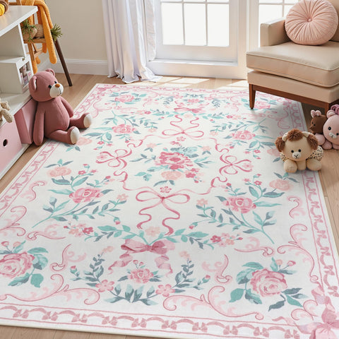 Collive front view of pink floral rug showing pattern and warmth