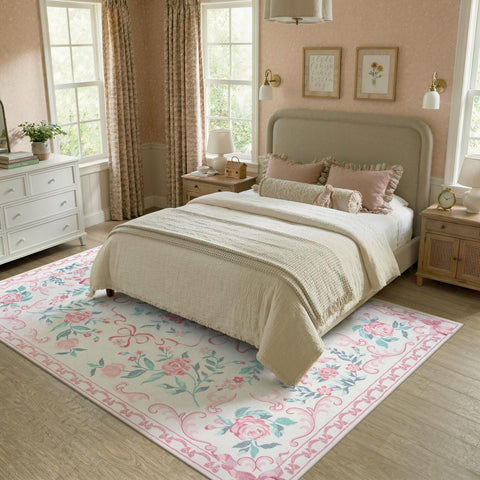 Collive rug next to chair showing size 5x7 scale for room planning