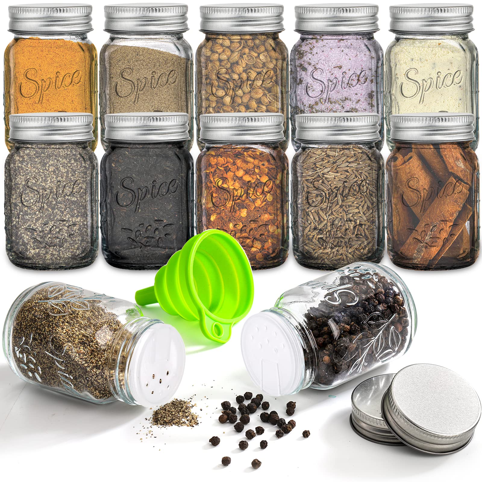 Coloch labeled jars neatly arranged on a spice rack for organized pantry