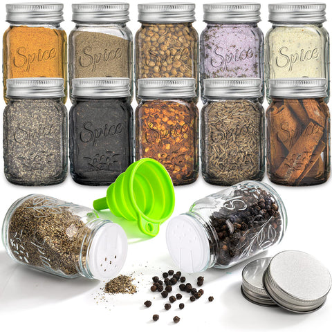 Coloch labeled jars neatly arranged on a spice rack for organized pantry