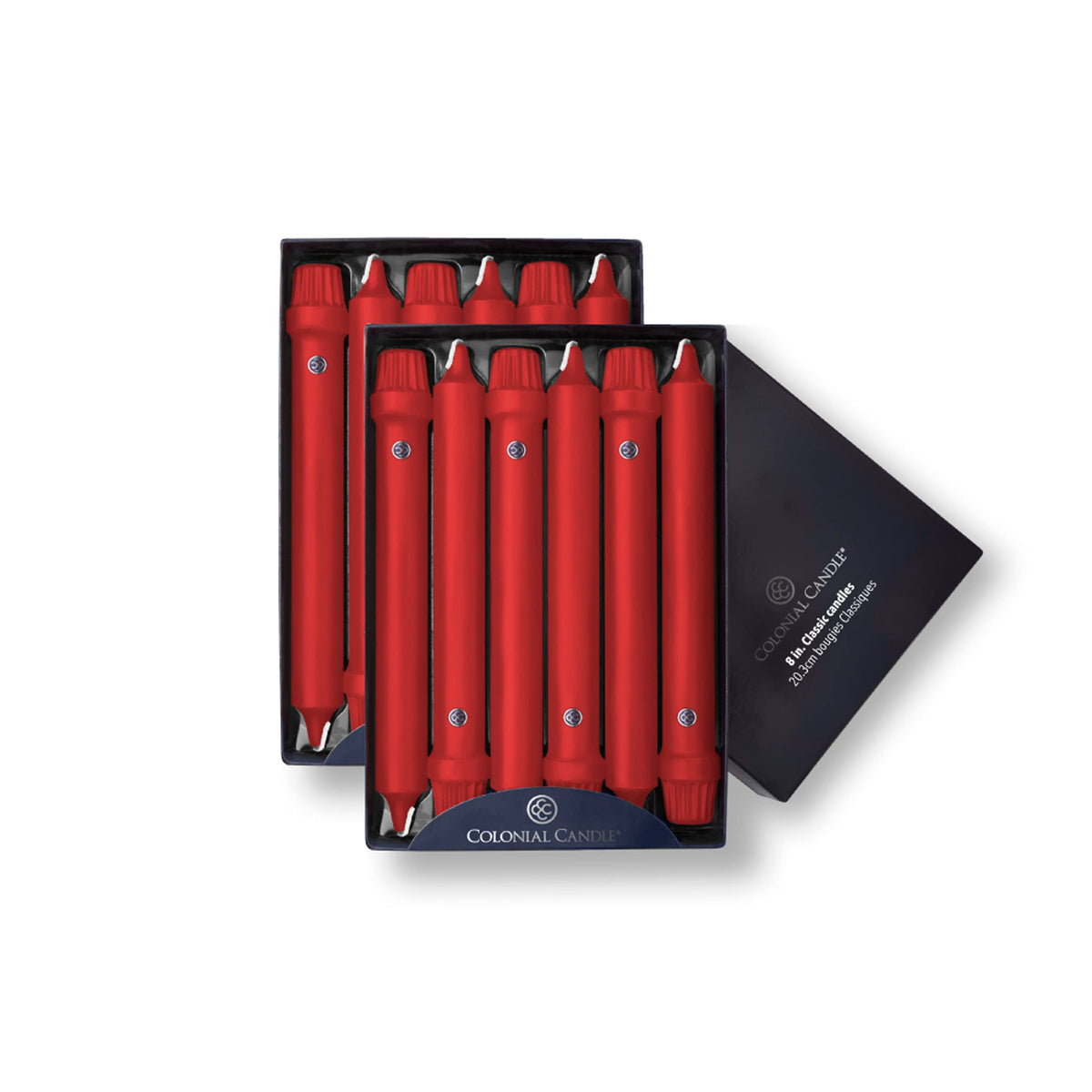 Colonial Candle front packaging of 12 red tapers showing value and color