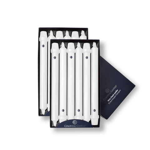 Colonial Candle front packaging displaying 12 white tapers and clear labeling for consistent supply
