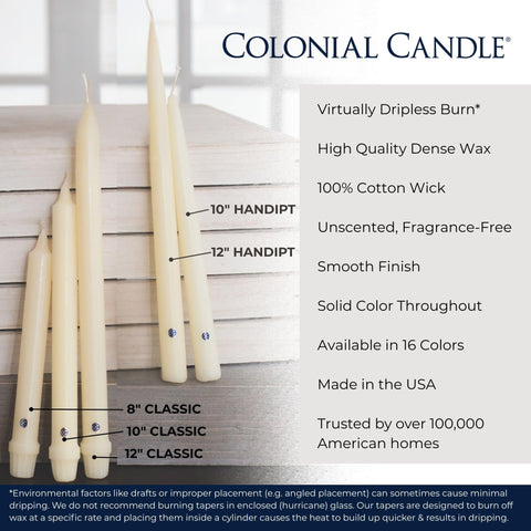 Colonial Candle placed in a candlestick demonstrating compatibility with standard holders