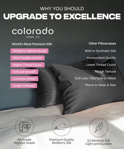 Colorado Home Co silk pillowcase styled on bed demonstrating elegant bedroom upgrade and comfort
