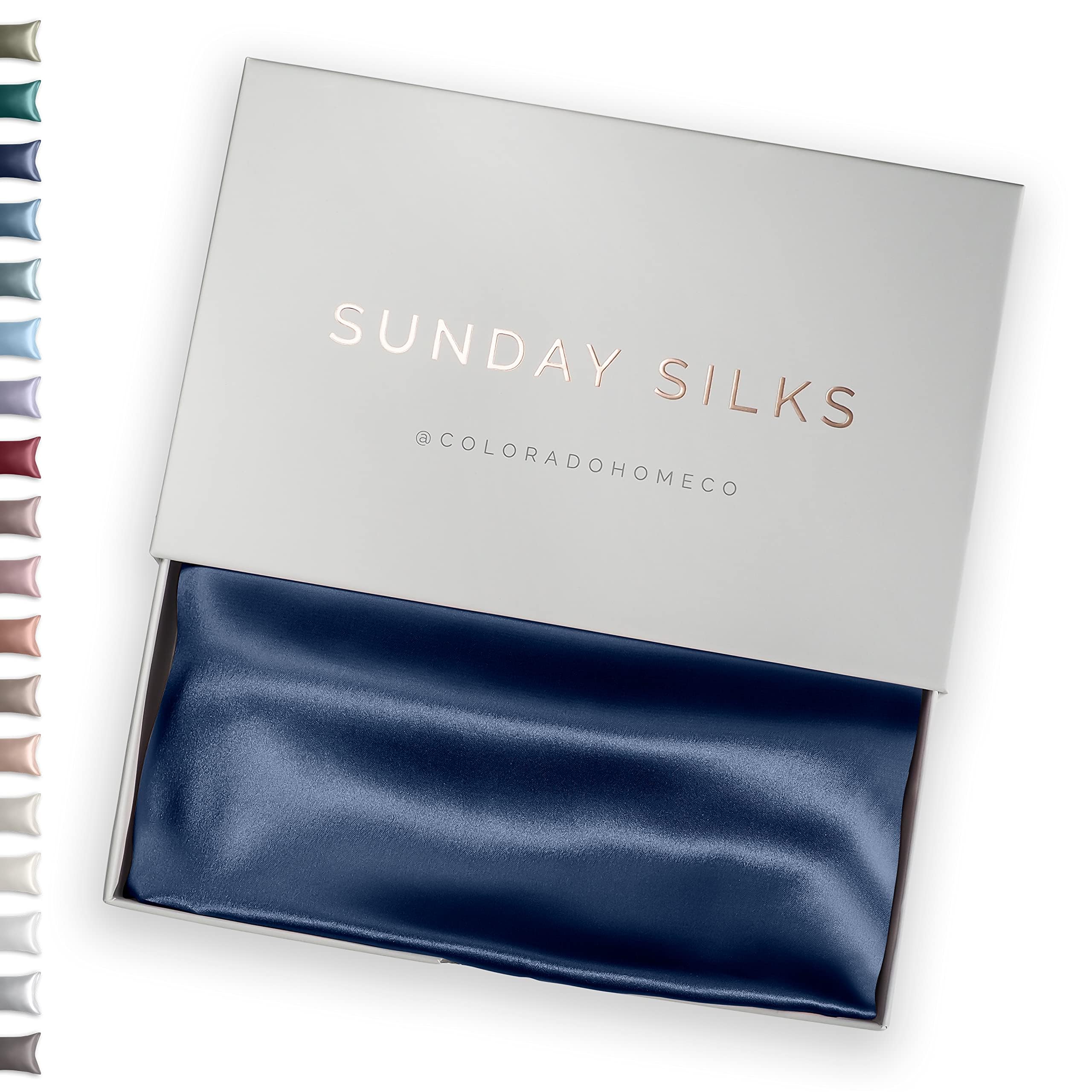 Colorado Home Co SUNDAYSILKS front packaging showing navy pillowcase and luxury presentation
