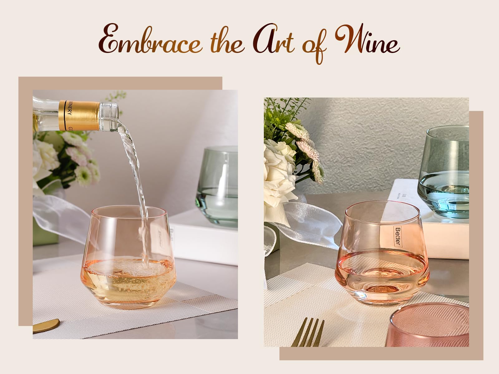 Colorsavant tumblers filled with wine and cocktails illustrating versatile use