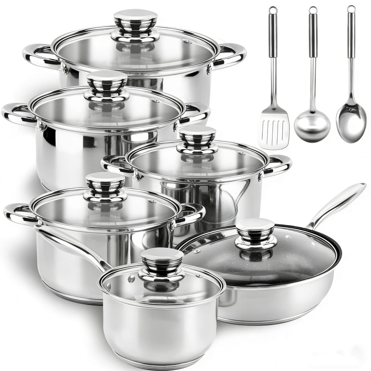 Colourcoco full 15-piece set front view showing pots, pans, lids and utensils — durable kit benefit