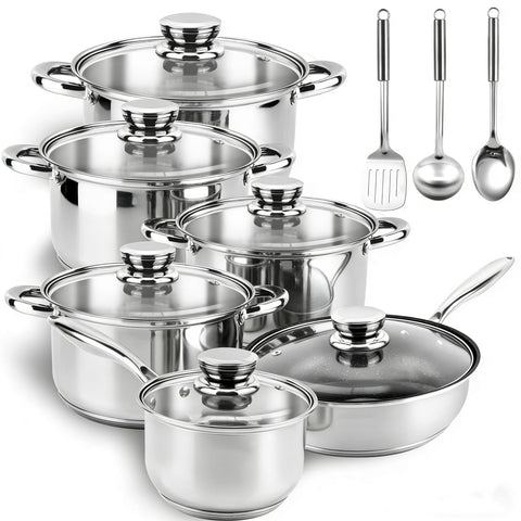 Colourcoco full 15-piece set front view showing pots, pans, lids and utensils — durable kit benefit