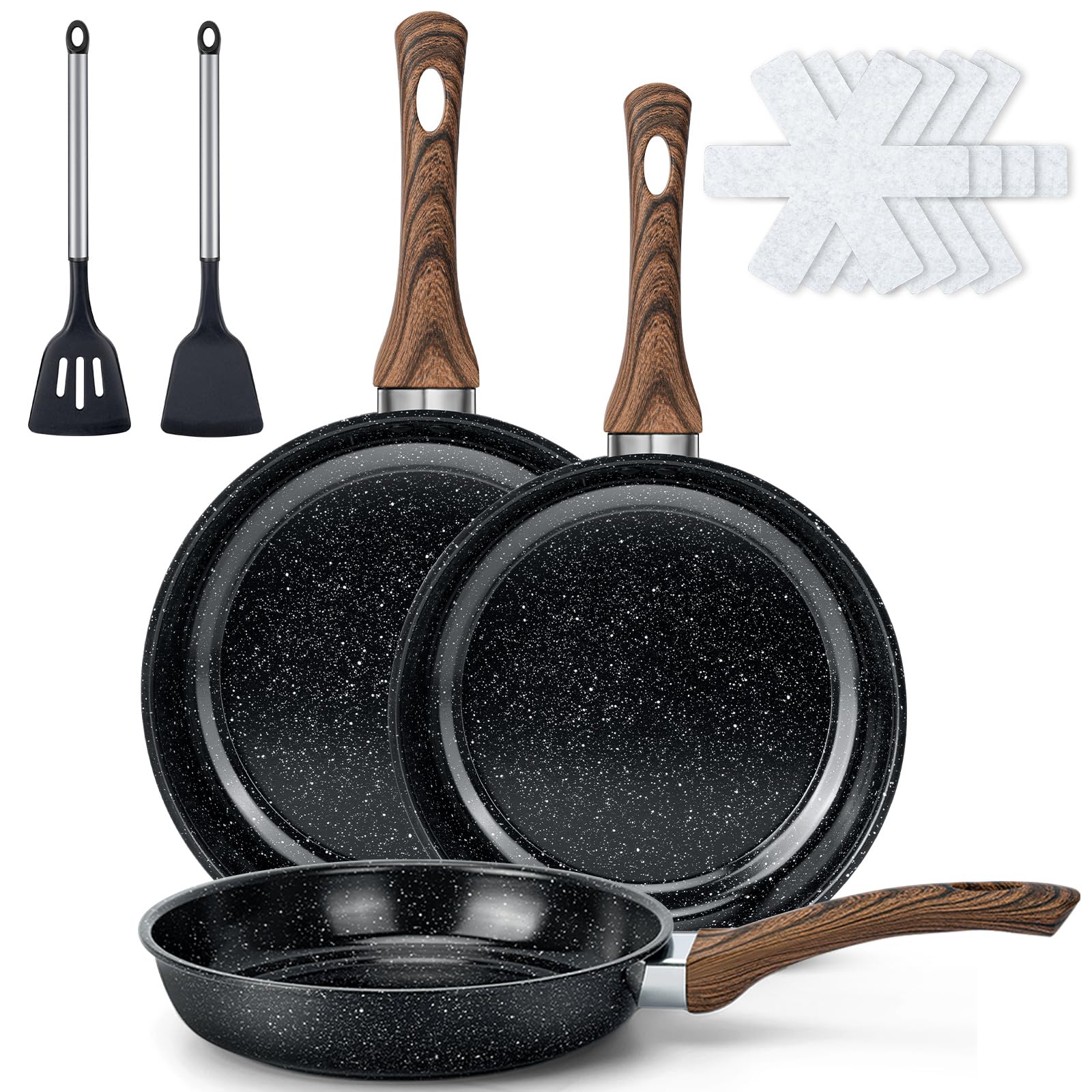 Colourcoco front packaging displaying three nonstick skillets and accessories for quick setup