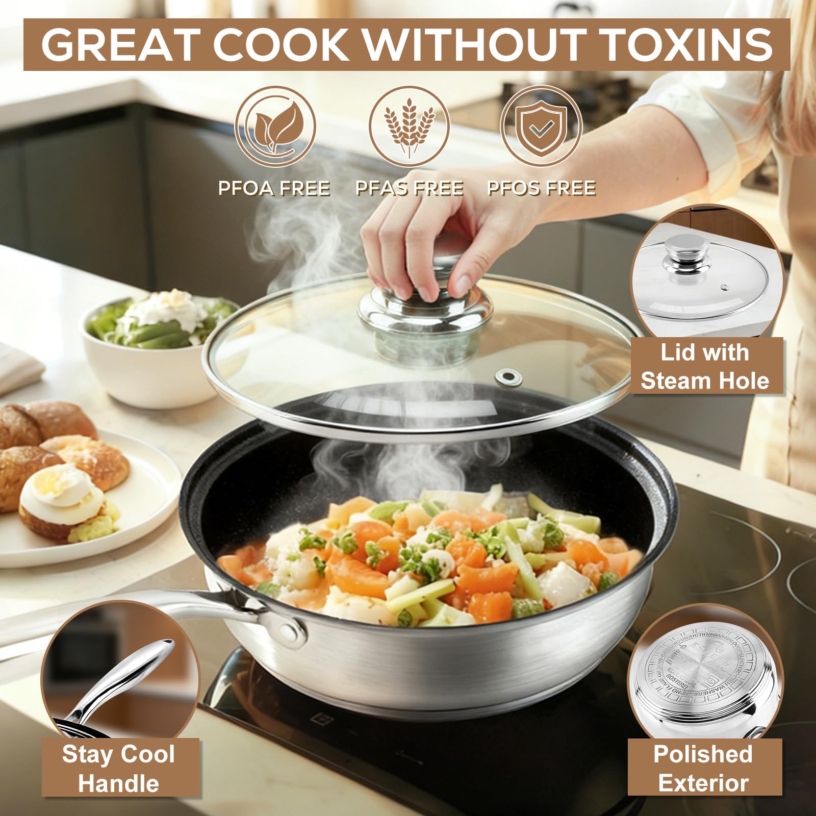 Colourcoco stainless pot with glass lid close-up showing tight seal for monitored cooking benefit