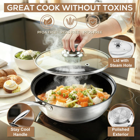 Colourcoco stainless pot with glass lid close-up showing tight seal for monitored cooking benefit