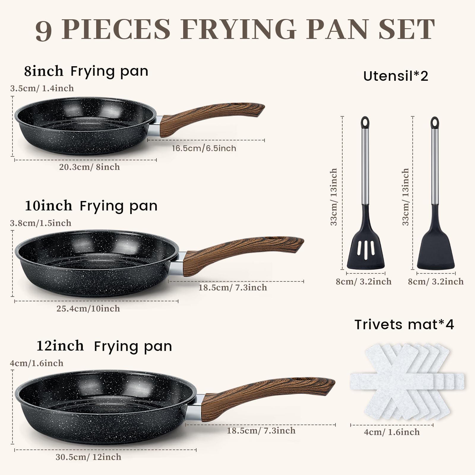 Colourcoco stacked 8, 10, 12 inch skillets showing size options and space-saving storage