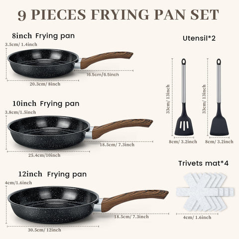 Colourcoco stacked 8, 10, 12 inch skillets showing size options and space-saving storage