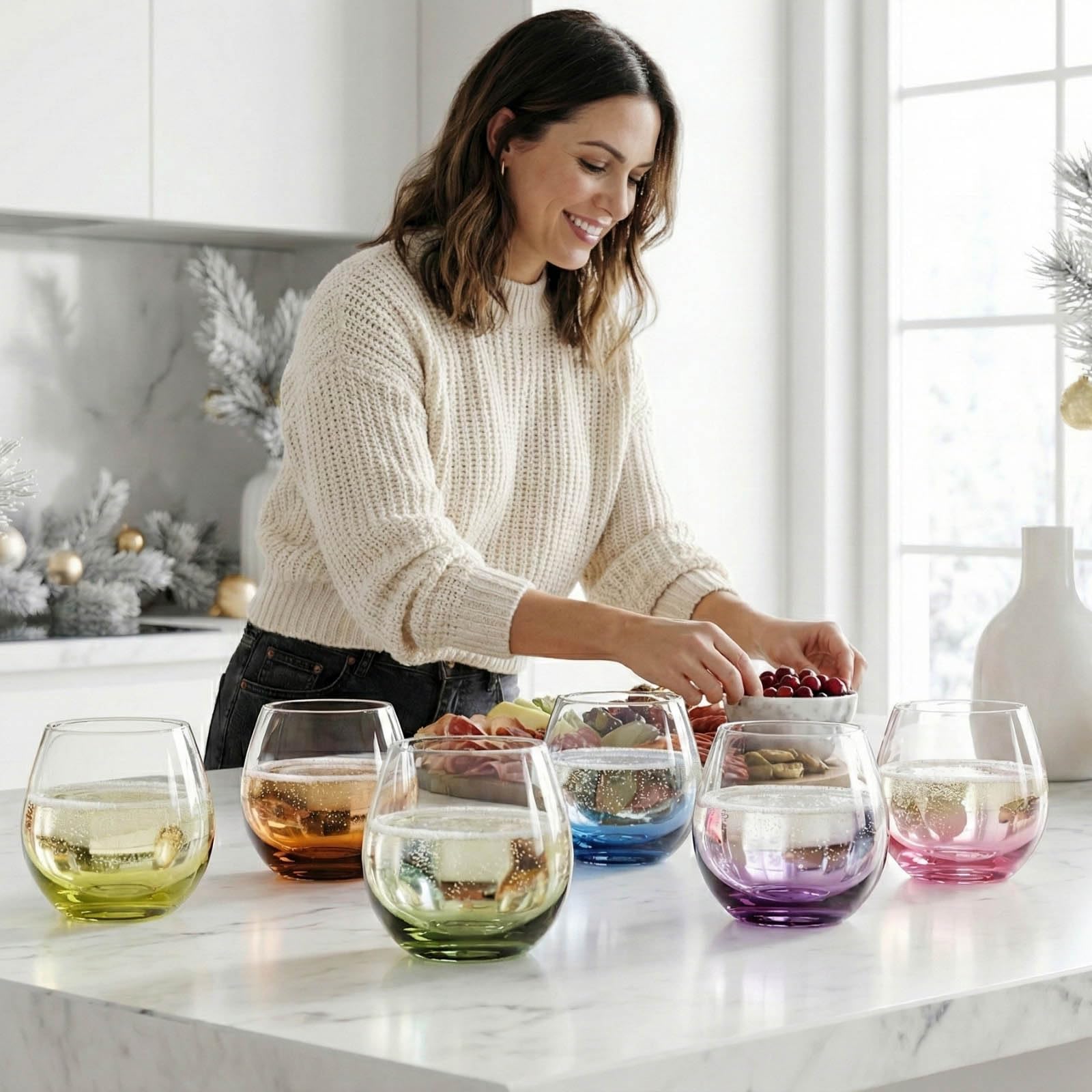 ColoVie six colored stemless glasses lined up for quick drink recognition