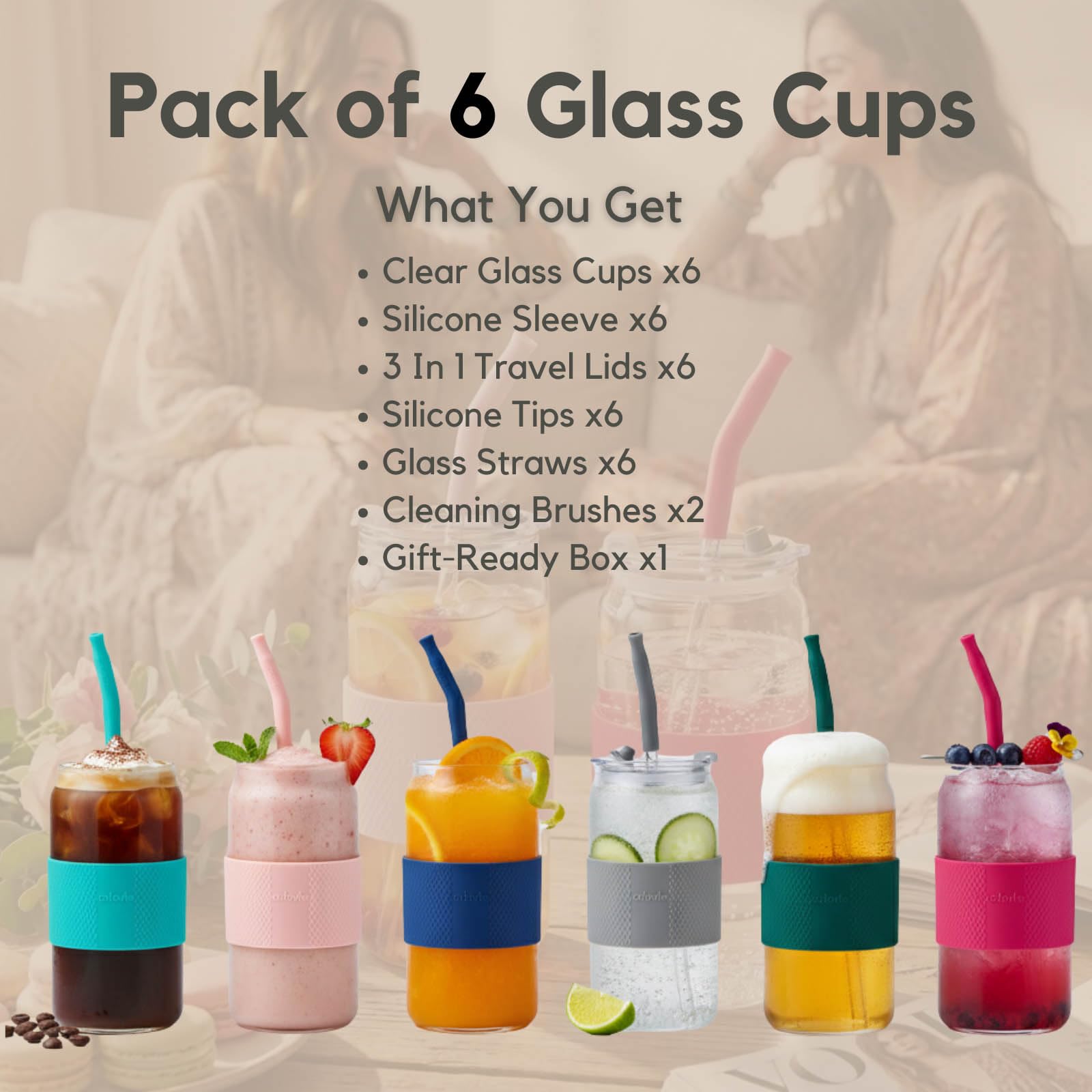 ColoVie lids and glass straws displayed to reduce spills and waste