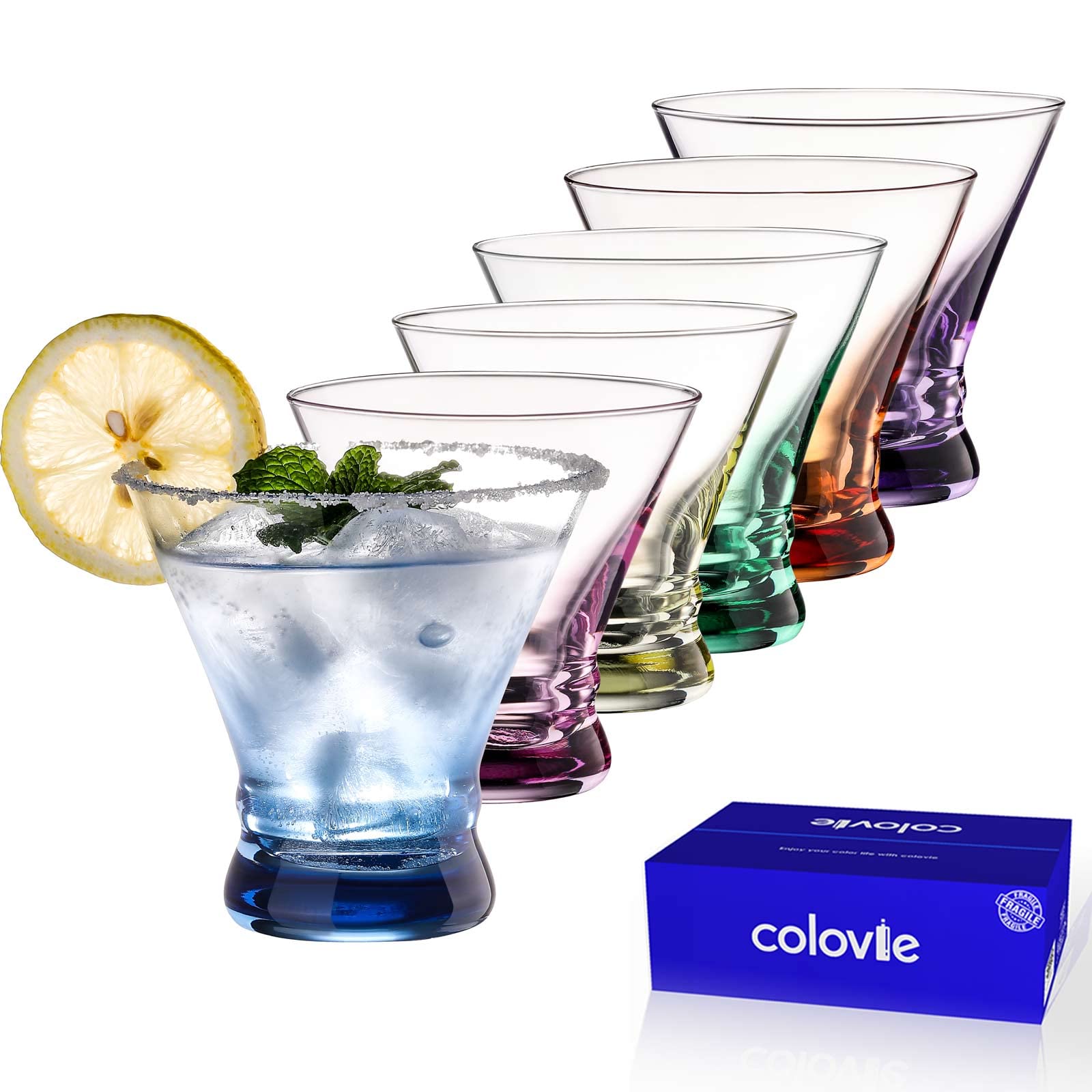ColoVie front view of the six colored stemless martini glasses showing style