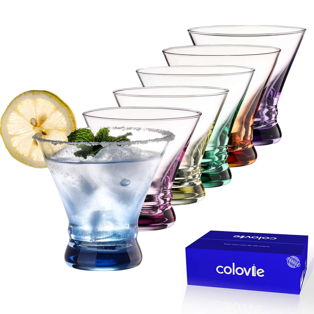 ColoVie front view of the six colored stemless martini glasses showing style